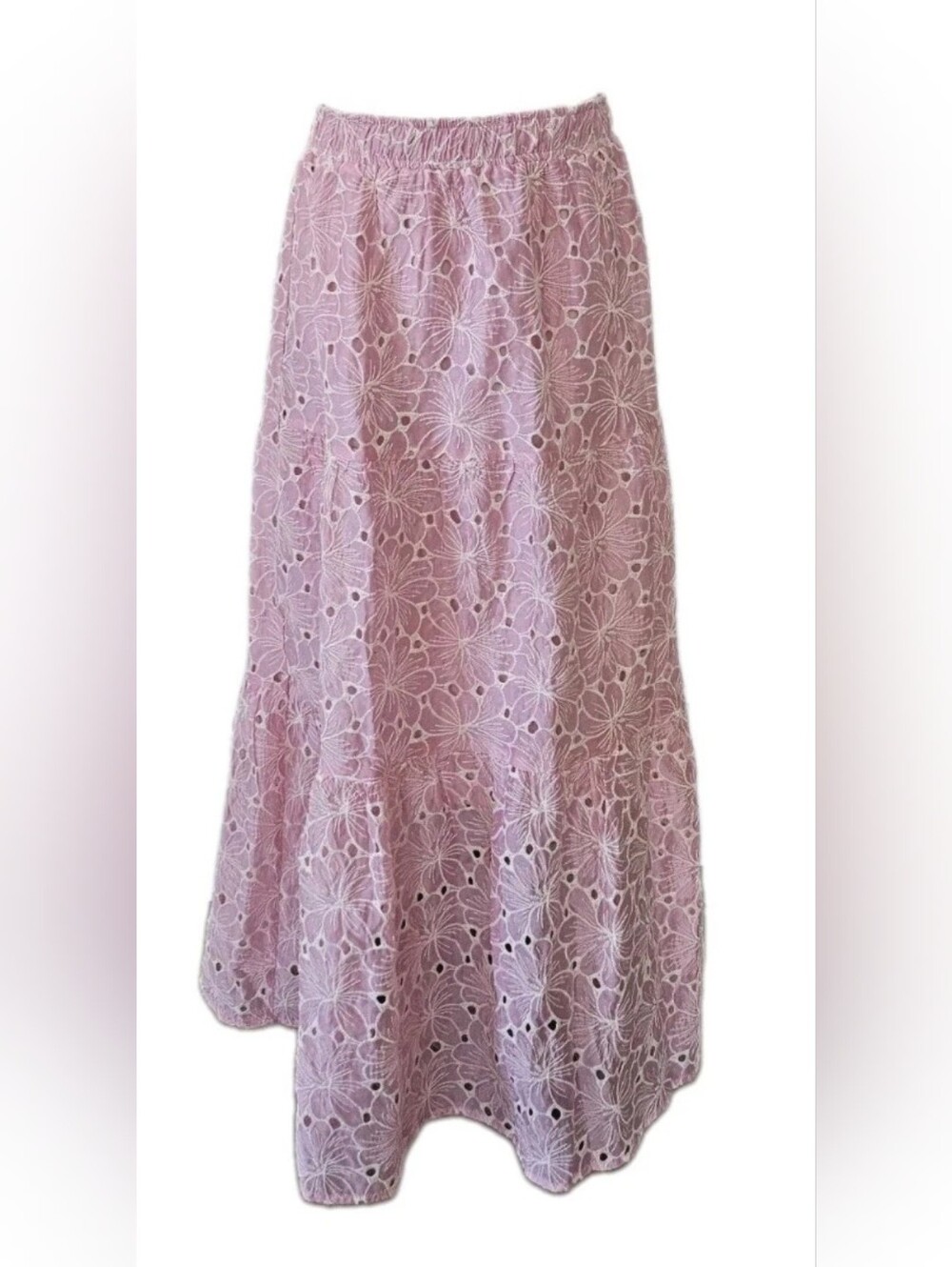 Pink Lily Womens M Pink Floral Eyelet Maxi Skirt Tiered Lined Boho NWOT